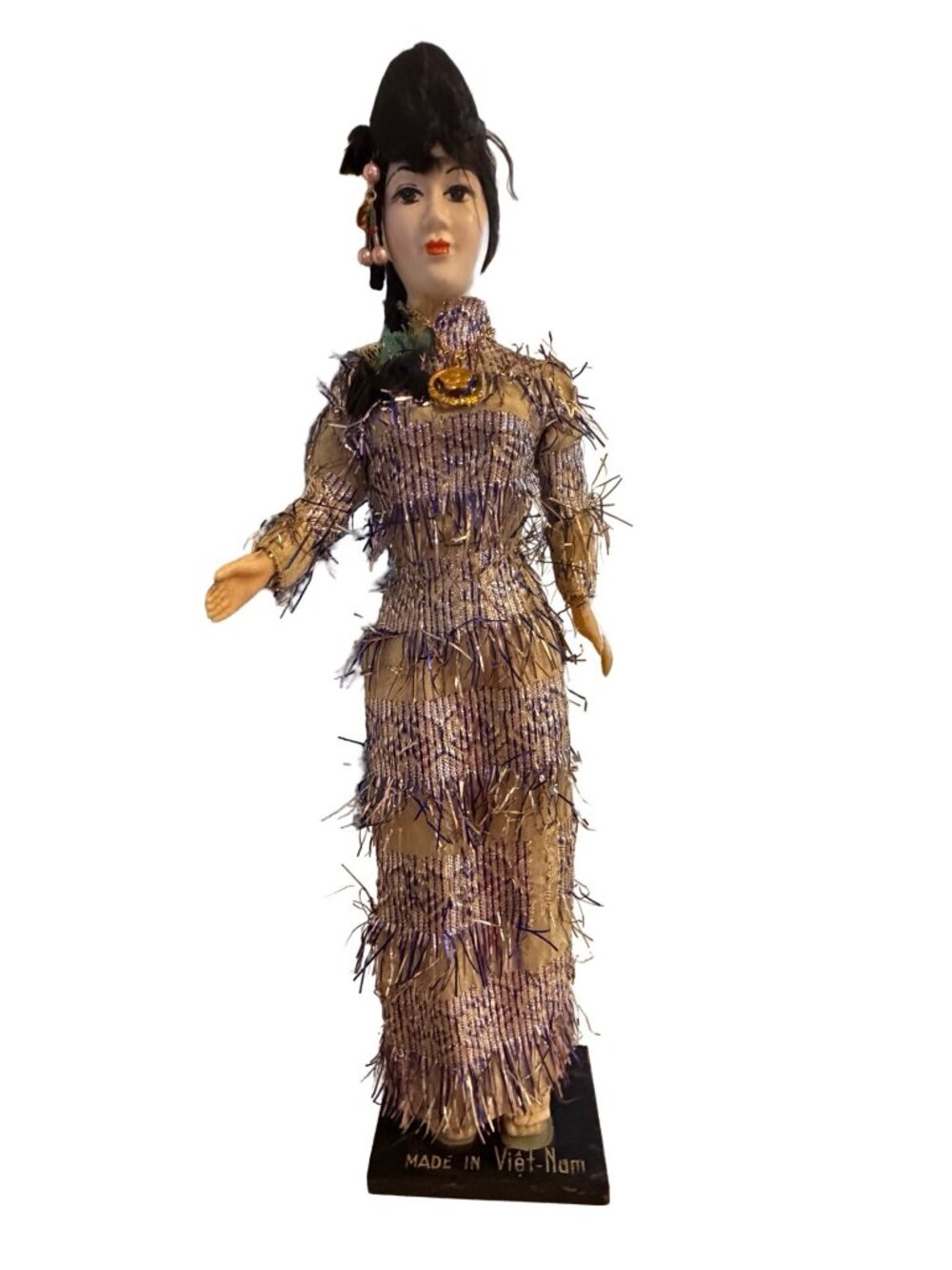 Vintage Vietnamese Woman Doll Handmade Ethnic Figurine Fringe Dress Made in Viet